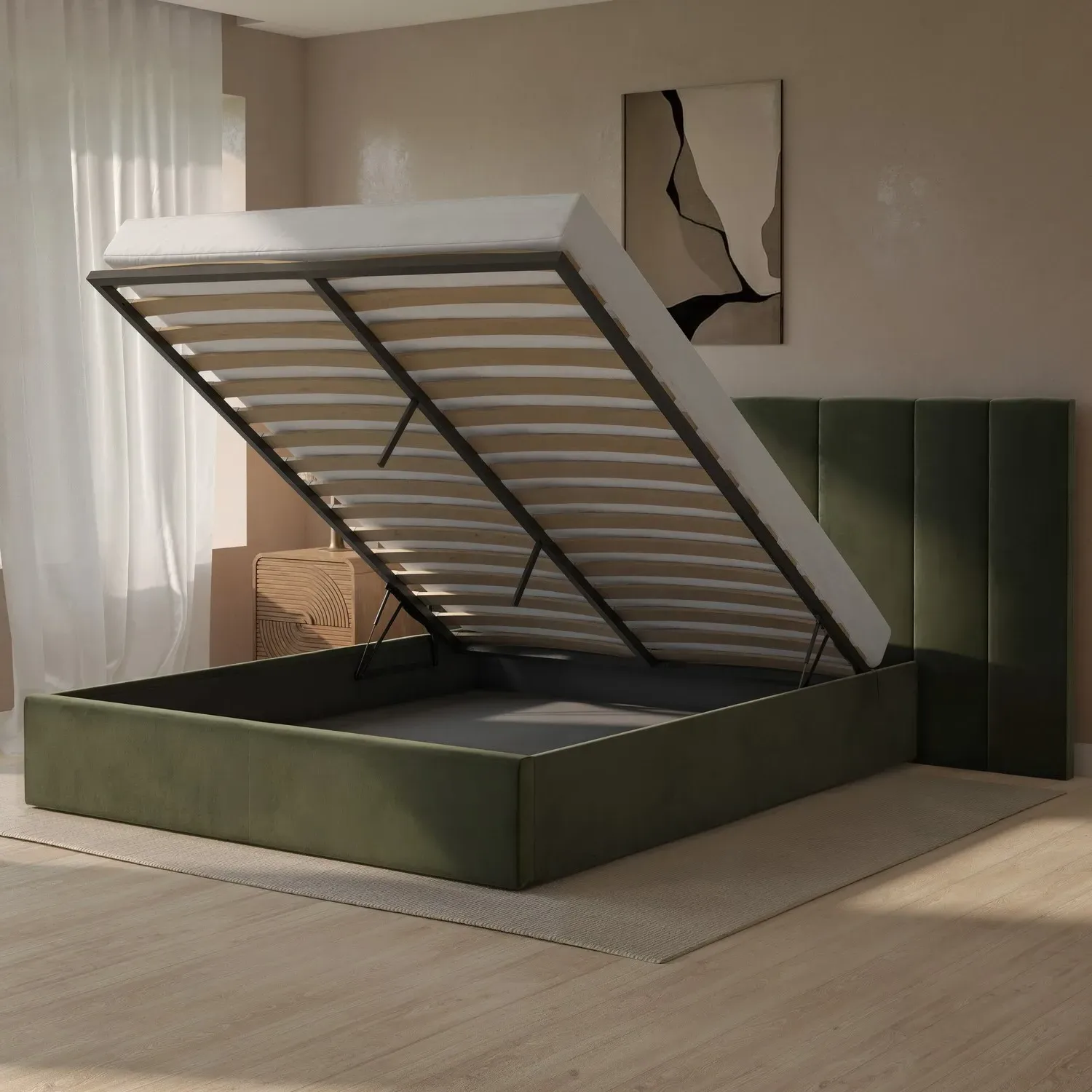 King Size Ottoman Bed with Storage - Green, Velvet