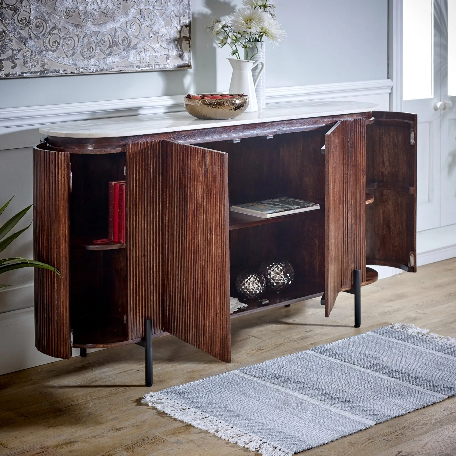 4-Door Sideboard with Marble Top - Brown, Mango Wood