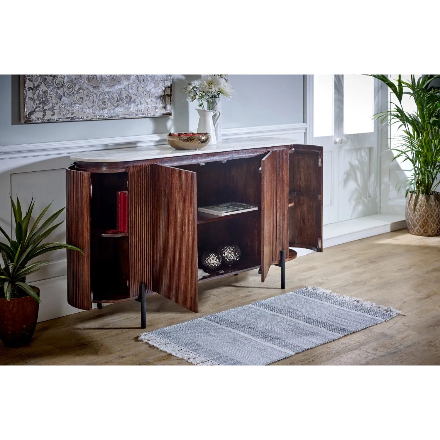4-Door Sideboard with Marble Top - Brown, Mango Wood