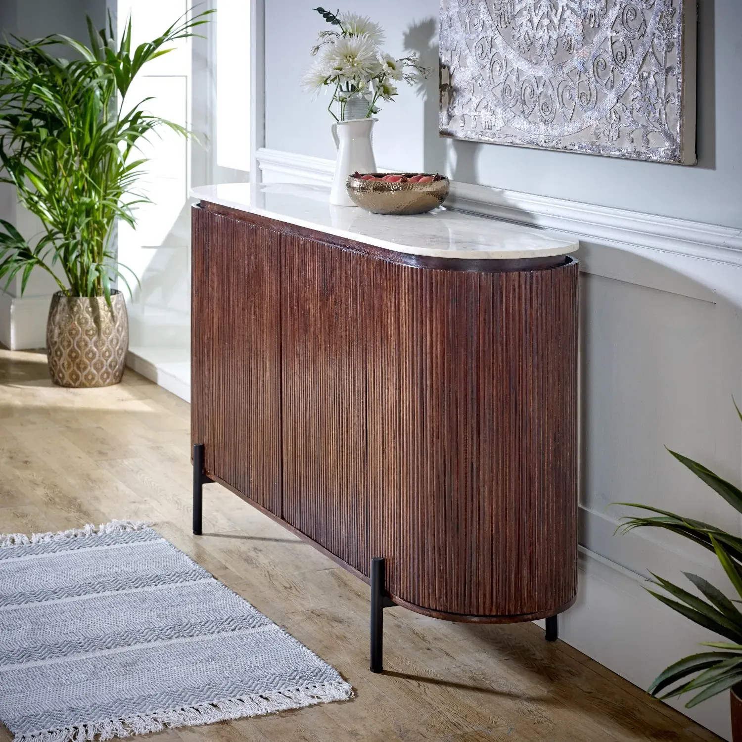 4-Door Sideboard with Marble Top - Brown, Mango Wood