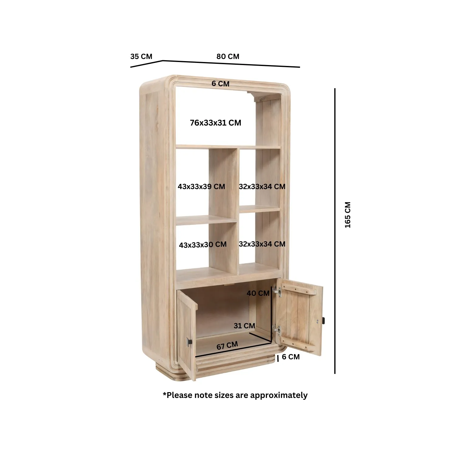 Carved Bookcase with Storage - Brown, Mango Wood