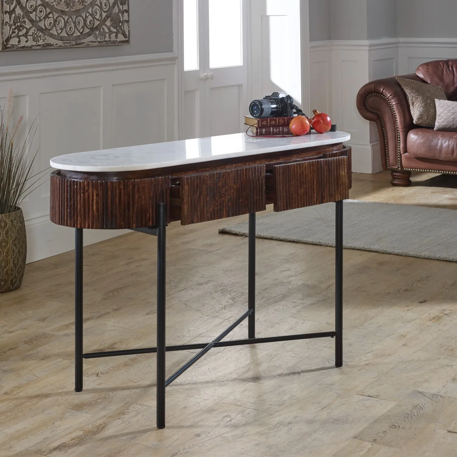Console Table with Marble Top - Brown, Wood