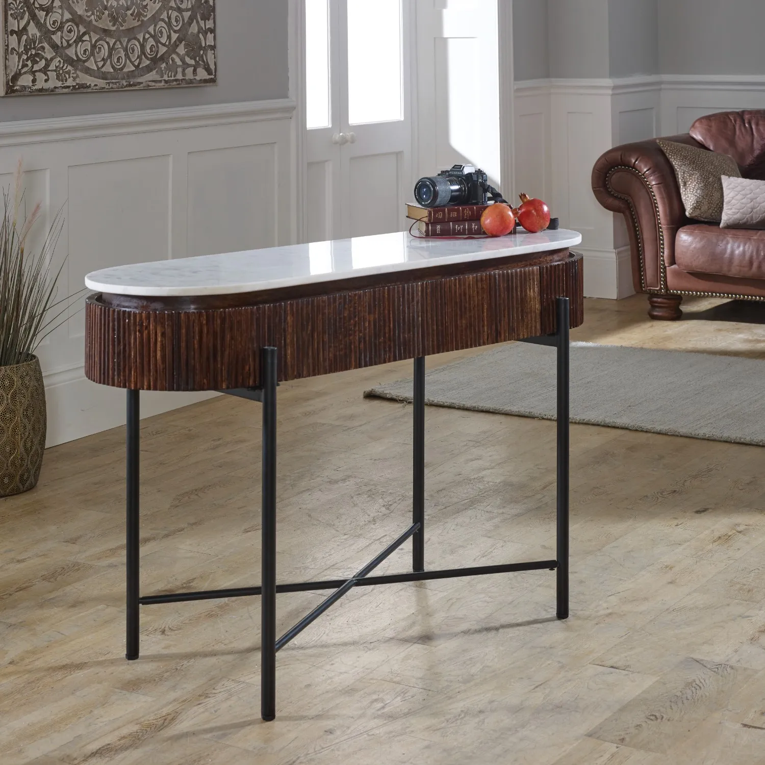 Console Table with Marble Top - Brown, Wood image