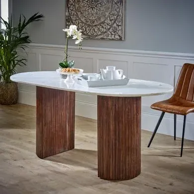 Dining Table with Marble Top - Brown, Mango Wood