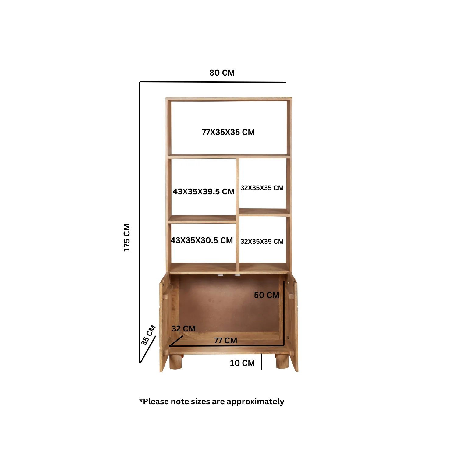 Fluted Bookcase with Cabinet - Brown, Mango Wood