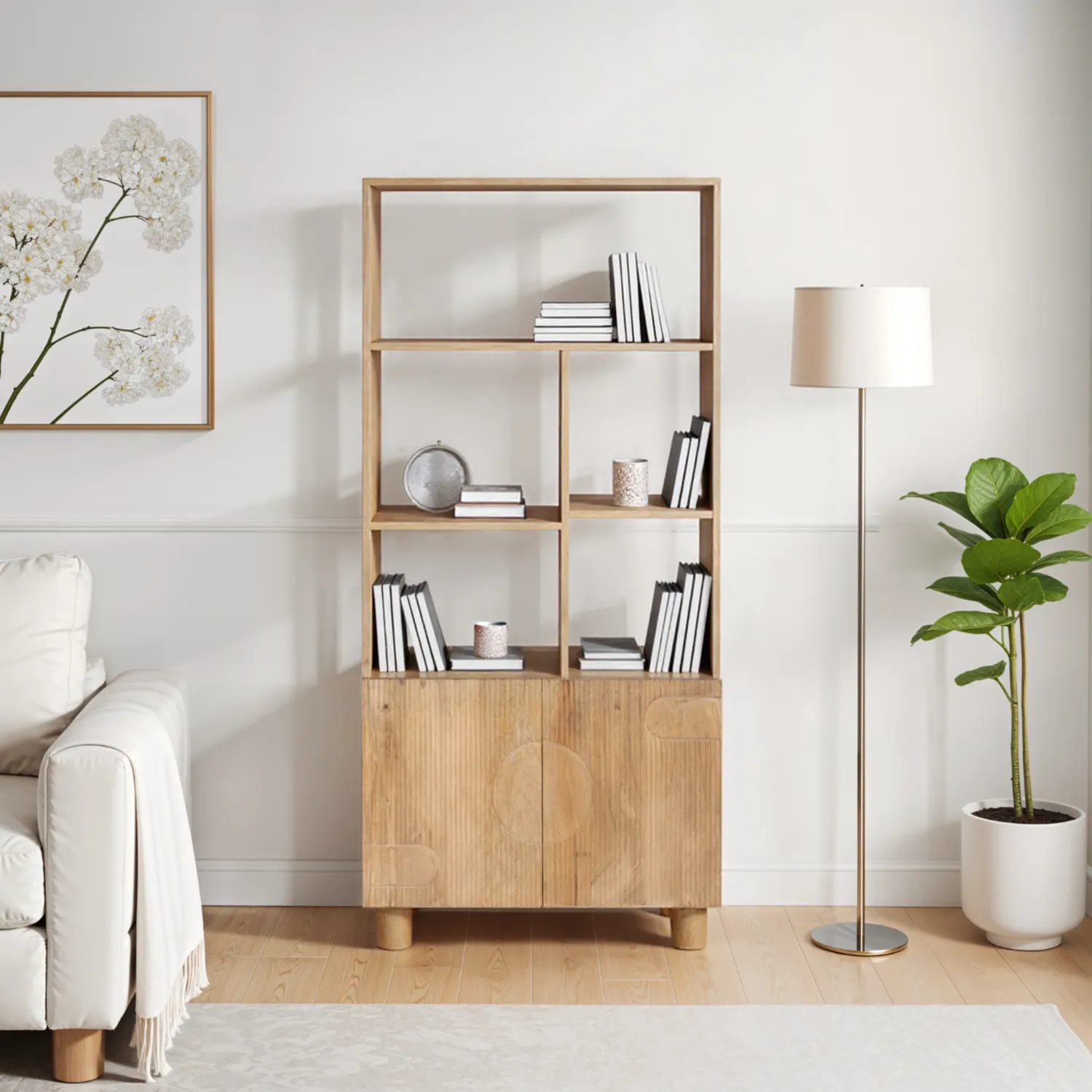 Fluted Bookcase with Cabinet - Brown, Mango Wood image