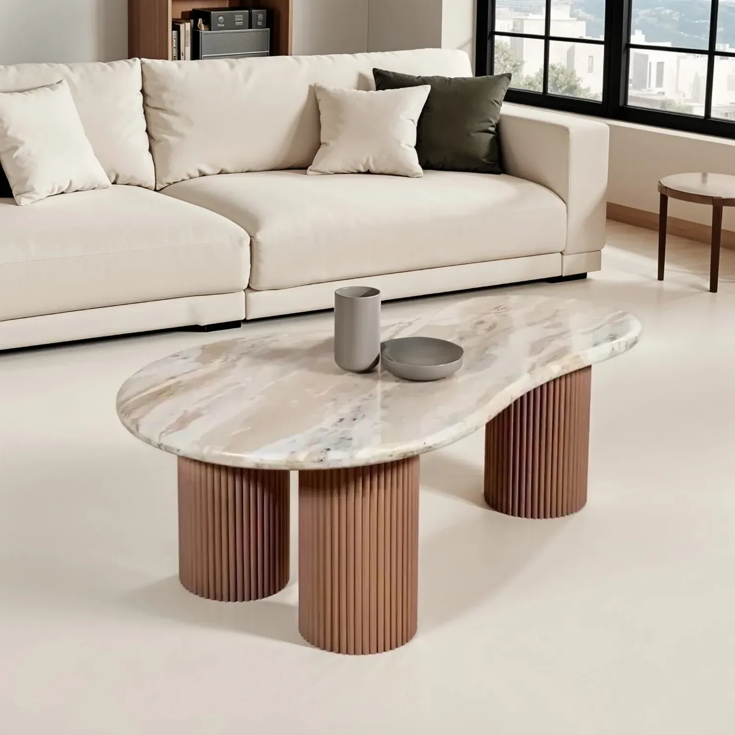 Pedestal Coffee Table - Brown, Marble & Wood
