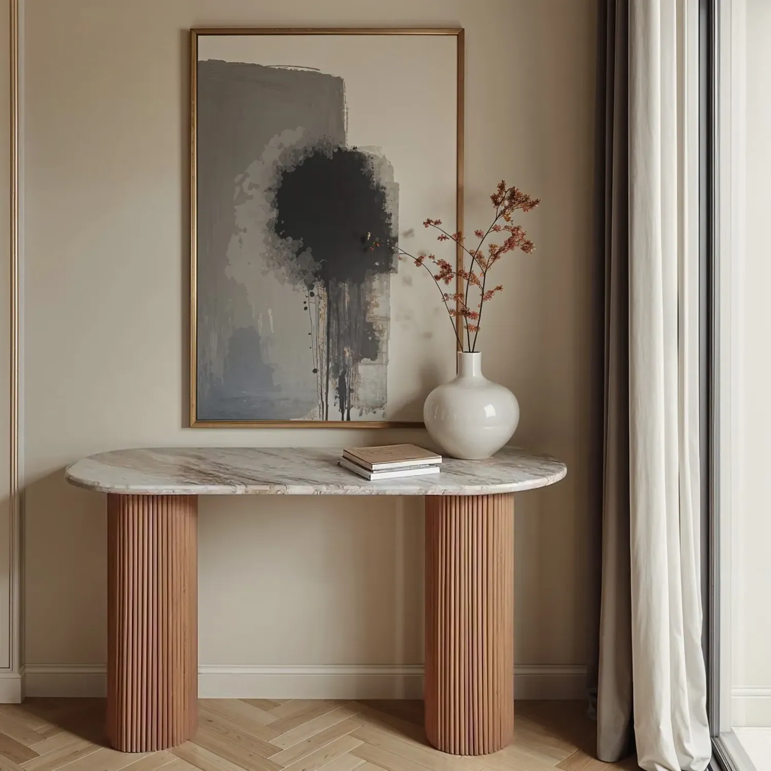 Pedestal Console Table - Brown, Marble & Wood