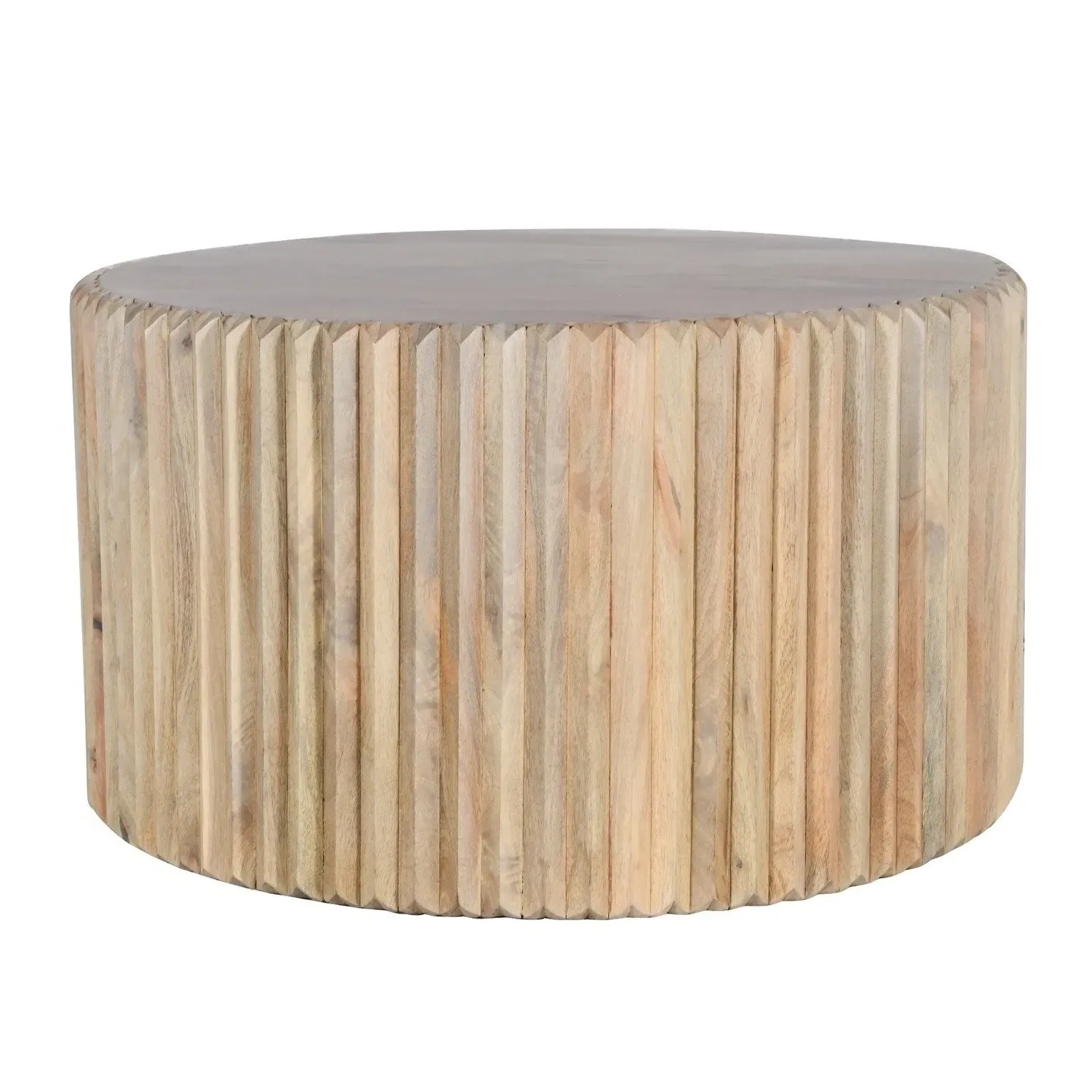 Round Coffee Table with Carved Details - Brown, Mango Wood