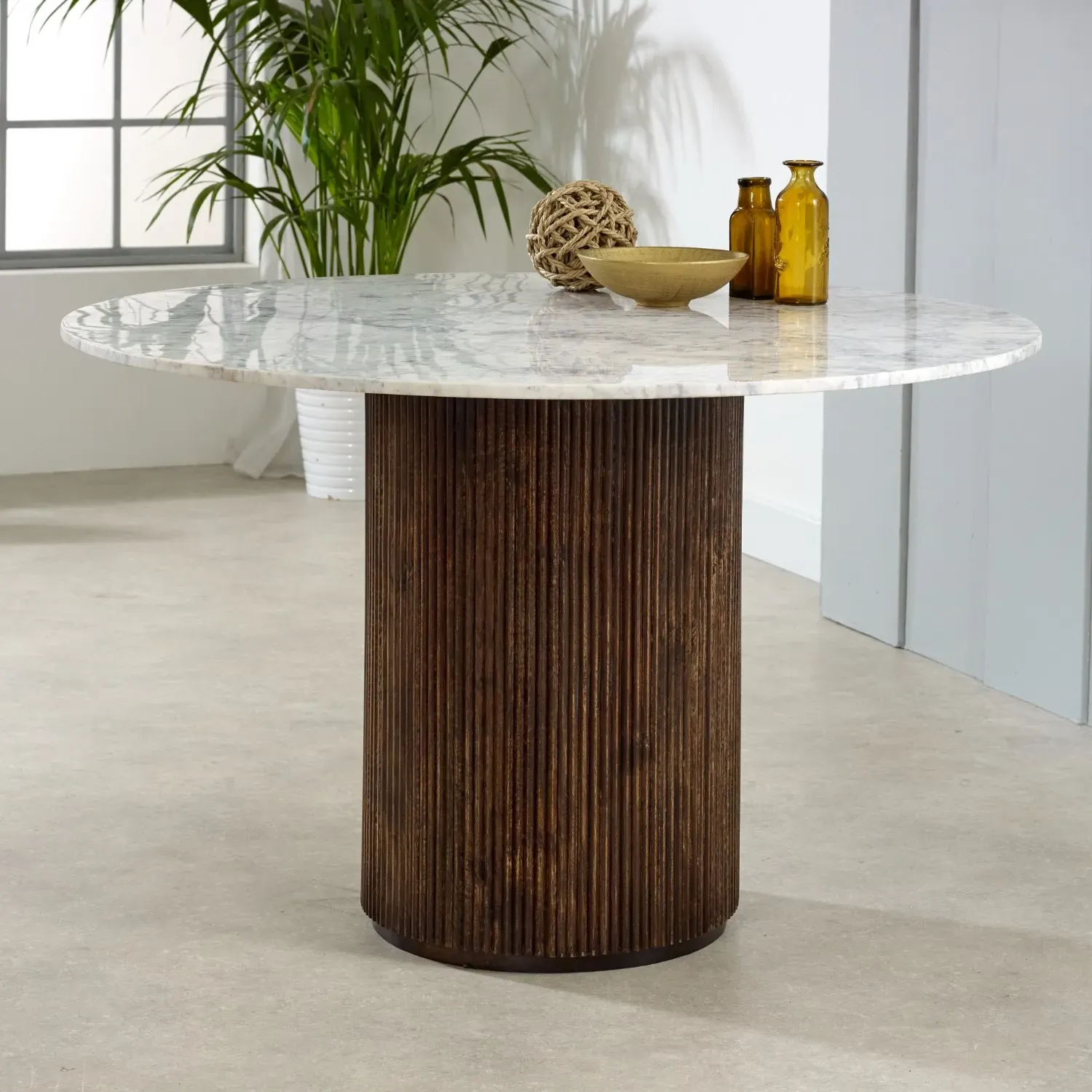 Round Dining Table with Marble Top - Brown, Mango Wood