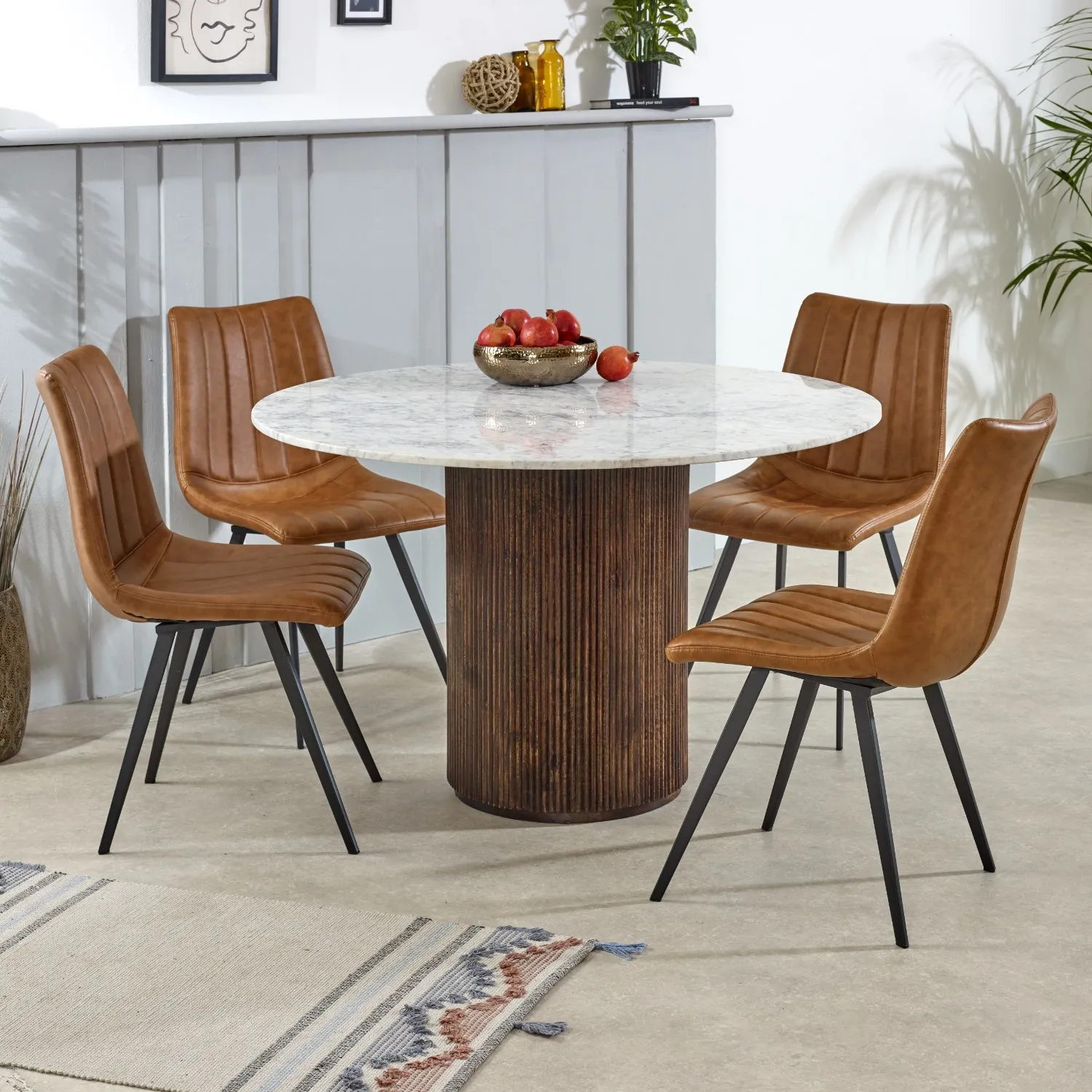 Round Dining Table with Marble Top - Brown, Mango Wood