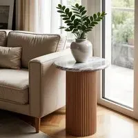 Round Pedestal Side Table - Brown, Marble