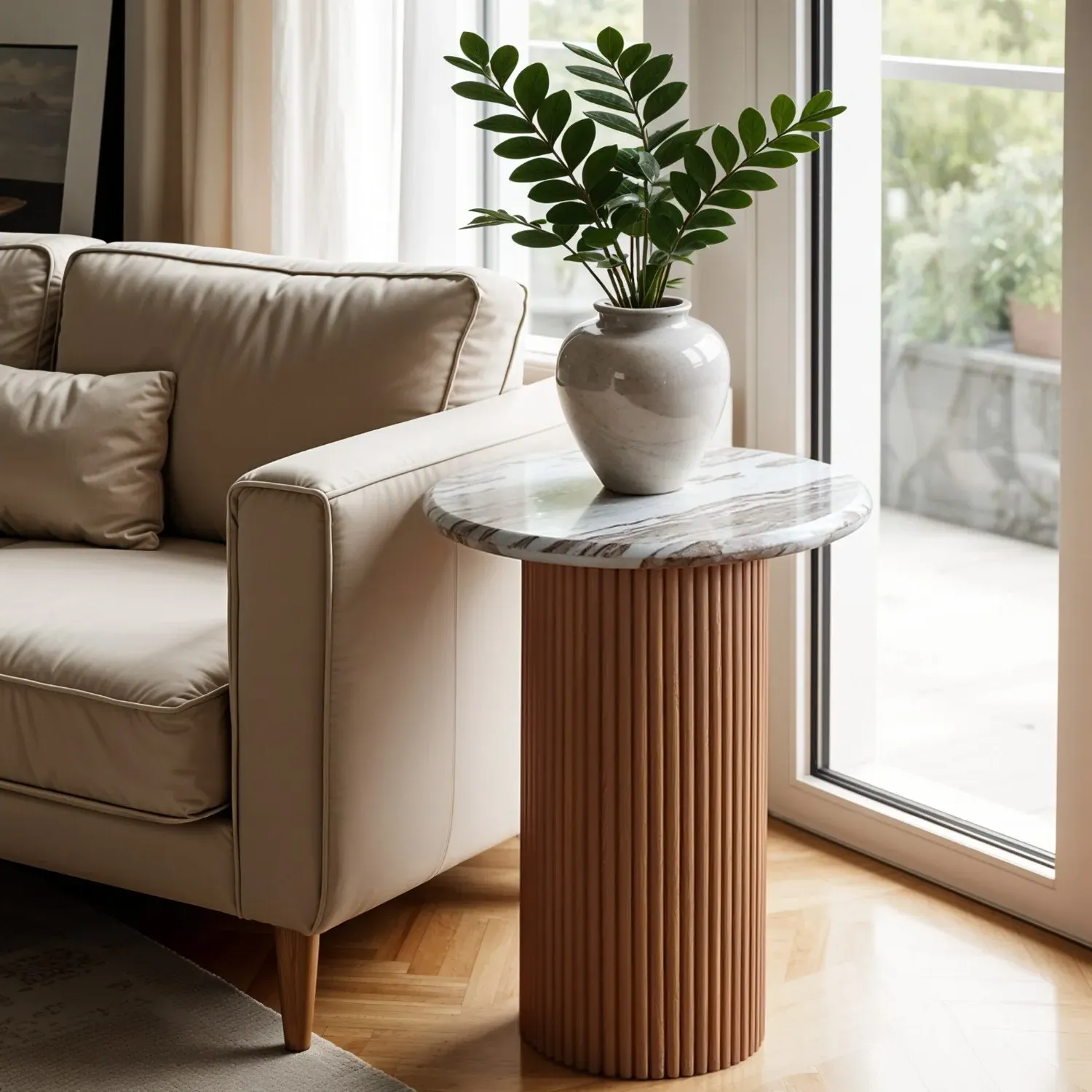 Round Pedestal Side Table - Brown, Marble image