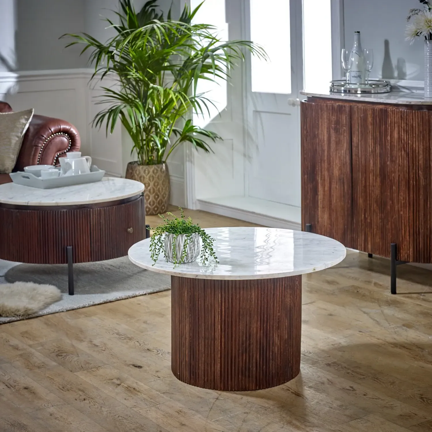 Square Coffee Table with Marble Top - Brown, Wood
