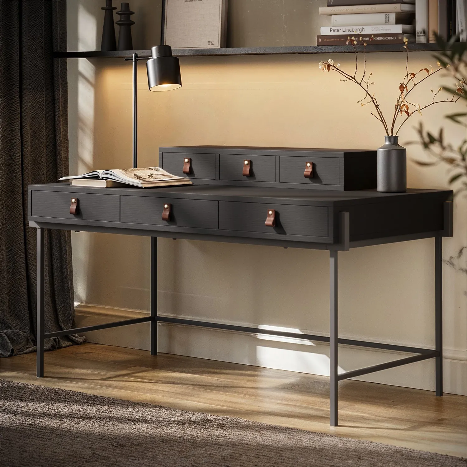 6-Drawer Desk with Storage - Black, Wood