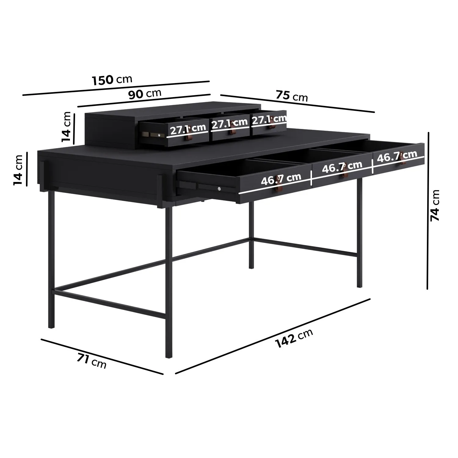 6-Drawer Desk with Storage - Black, Wood