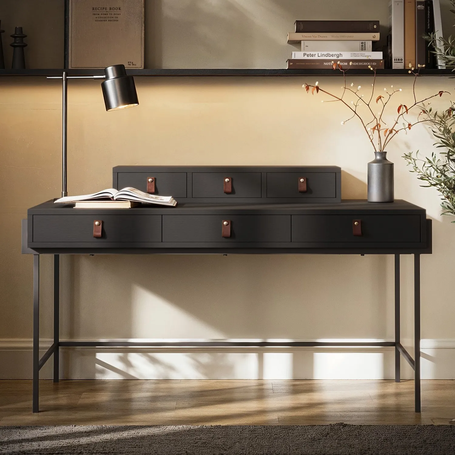 6-Drawer Desk with Storage - Black, Wood image