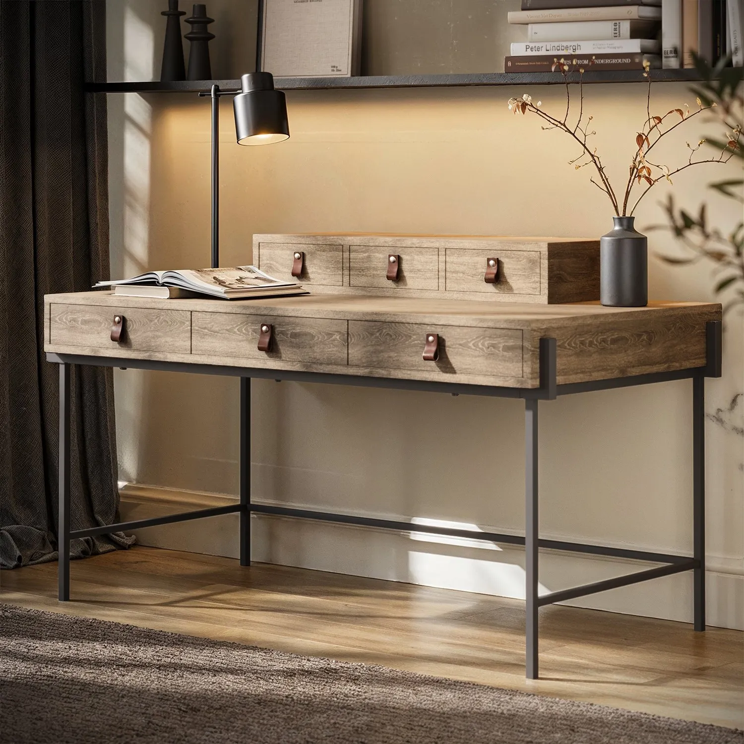 6-Drawer Desk with Storage - Light Oak, Wood