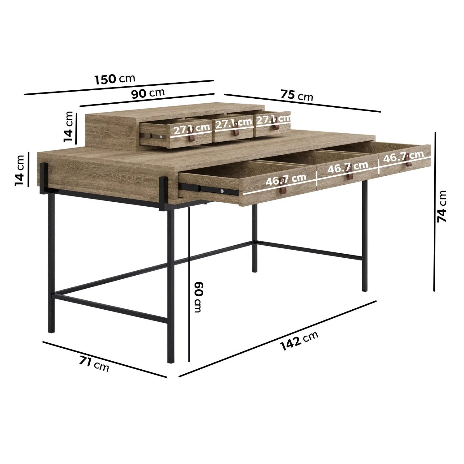 6-Drawer Desk with Storage - Light Oak, Wood