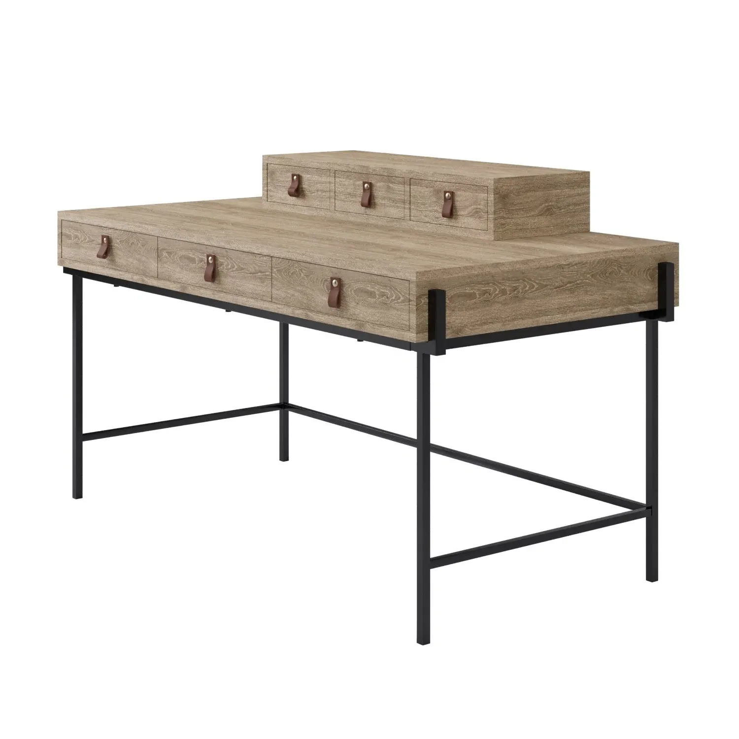 6-Drawer Desk with Storage - Light Oak, Wood