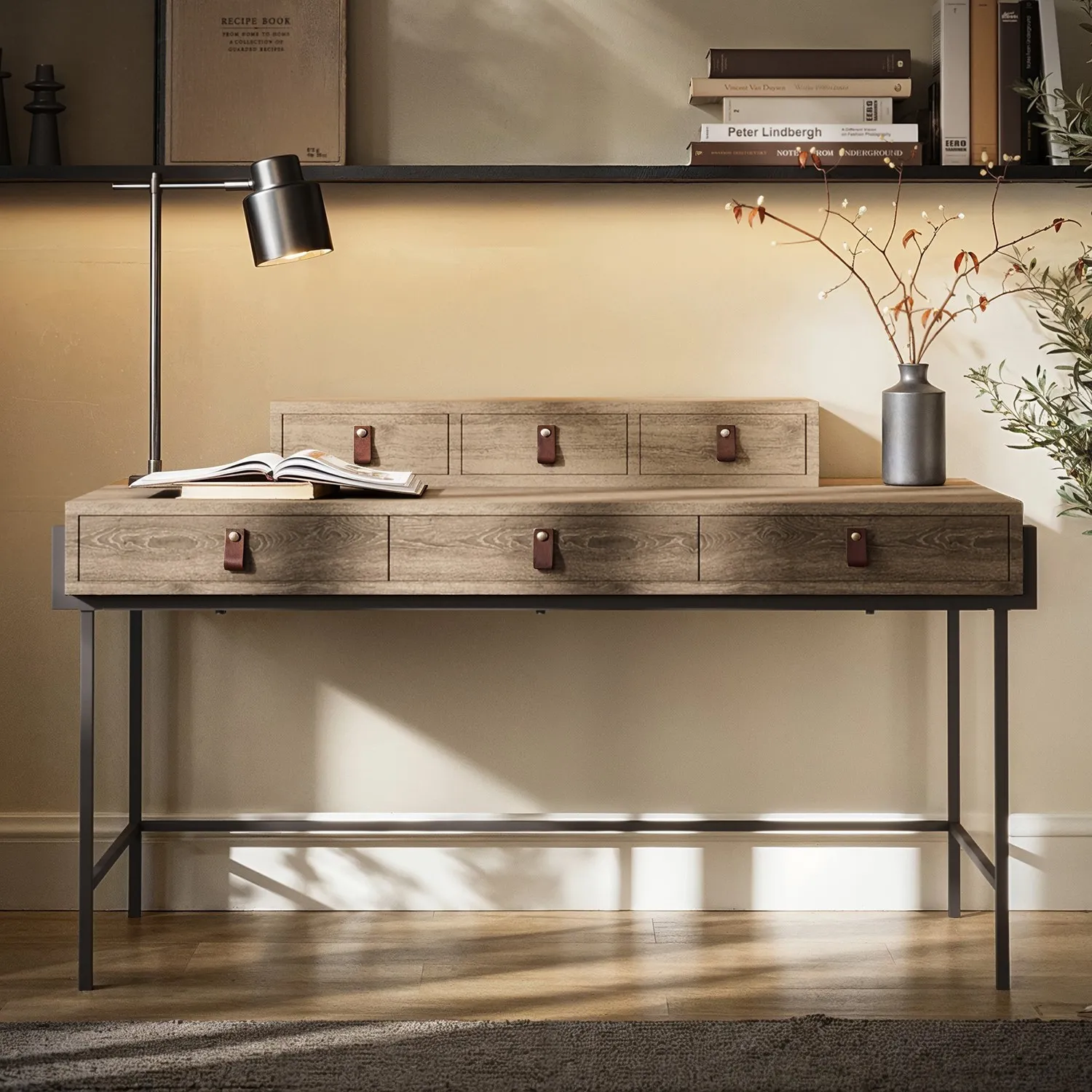 6-Drawer Desk with Storage - Light Oak, Wood image