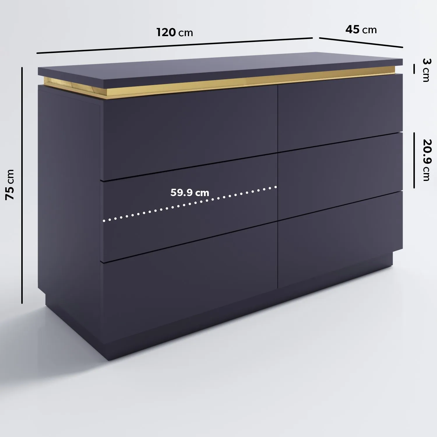 Wide 6-Drawer Chest with Push-Open - Navy, MDF