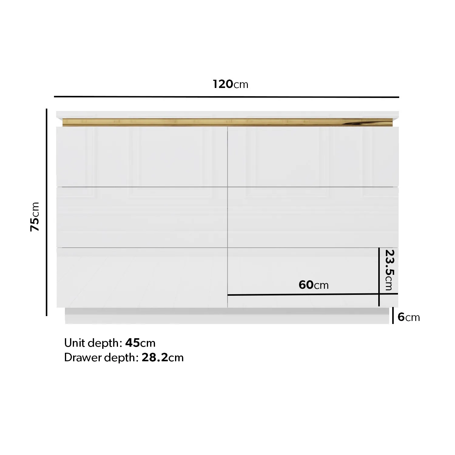 Wide 6-Drawer Chest with Push-Open - White, MDF