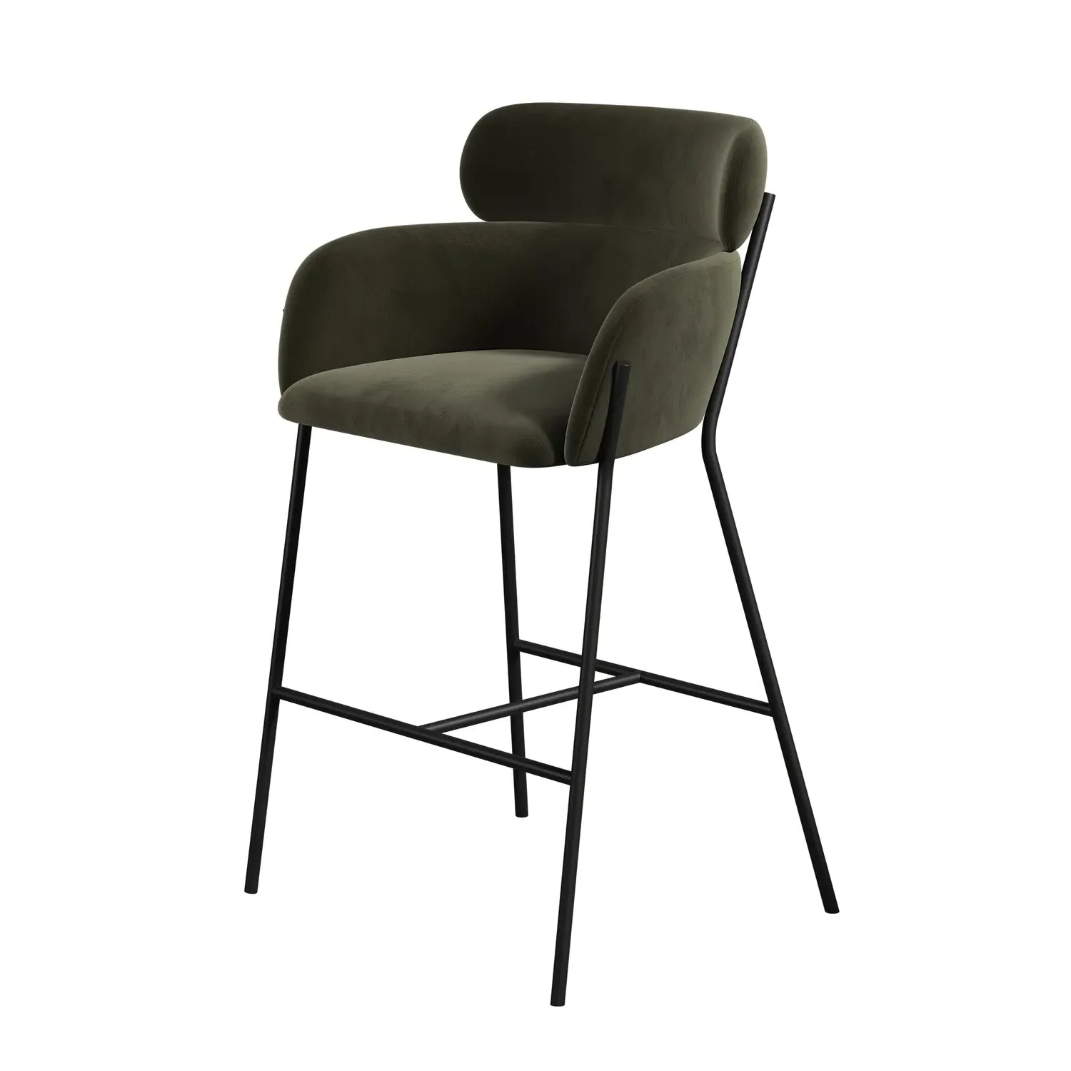 Curved Kitchen Stool with Back - Green, Velvet