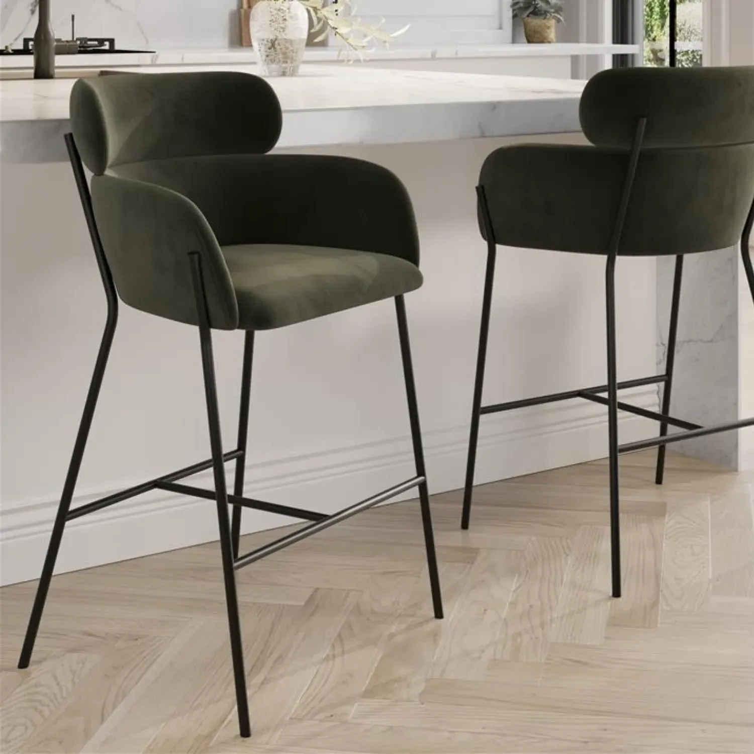 Curved Kitchen Stool with Back - Green, Velvet