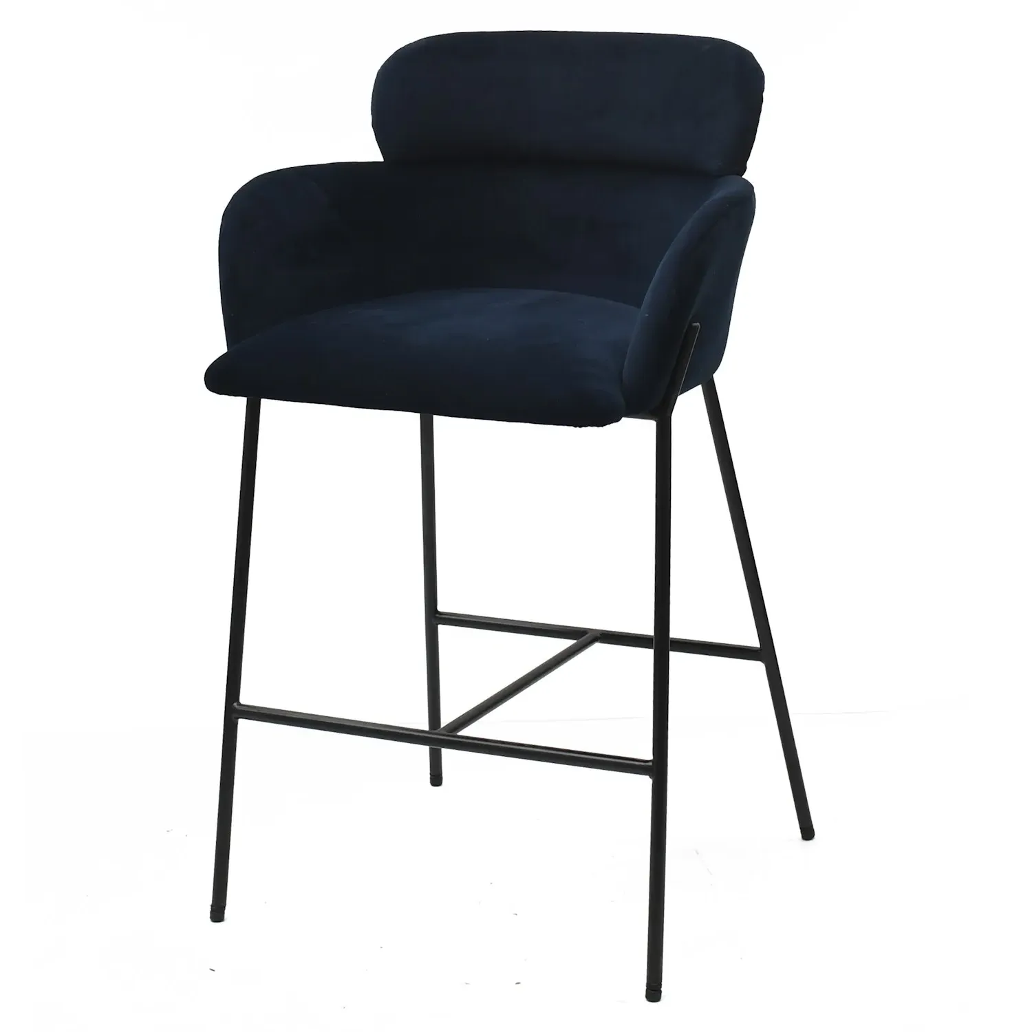 Curved Kitchen Stool with Back - Navy, Velvet