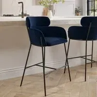 Curved Kitchen Stool with Back - Navy, Velvet