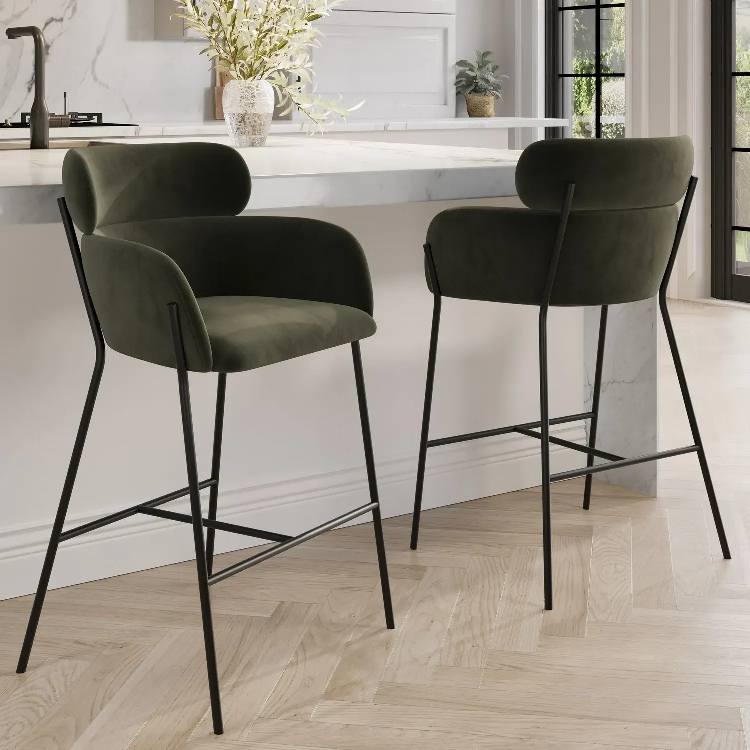 Set of 2 Curved Kitchen Stools - Green, Velvet image