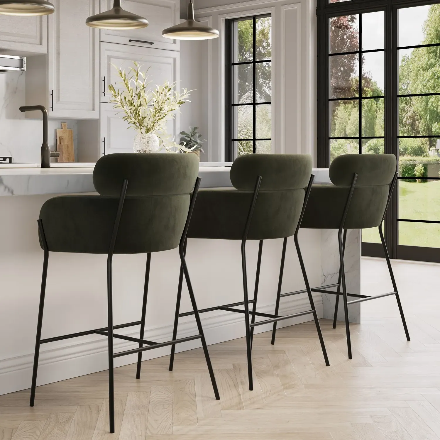 Set of 3 Curved Kitchen Stools - Green, Velvet