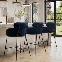Set of 3 Curved Kitchen Stools - Navy, Velvet