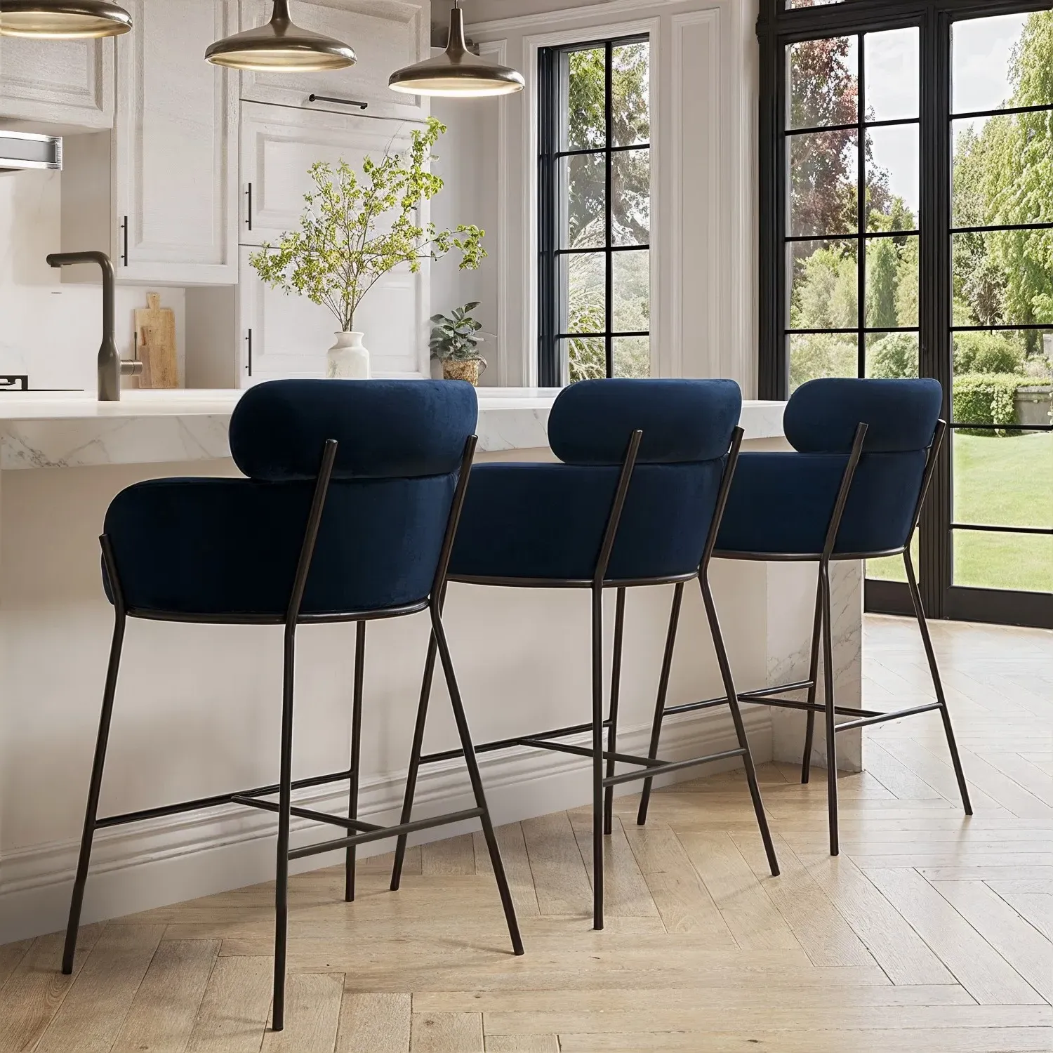 Set of 3 Curved Kitchen Stools - Navy, Velvet
