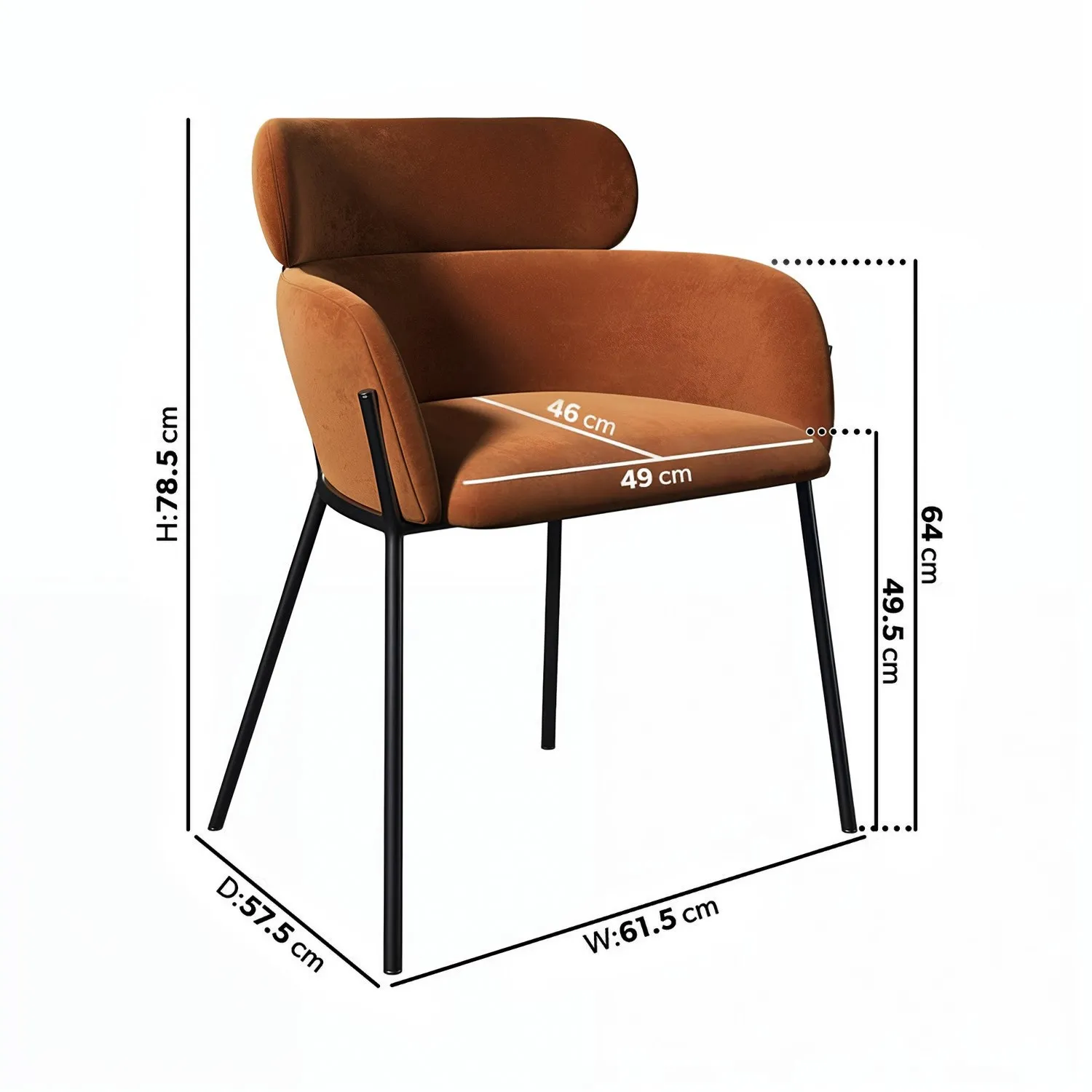 Set of 4 Curved Dining Chairs - Orange, Velvet