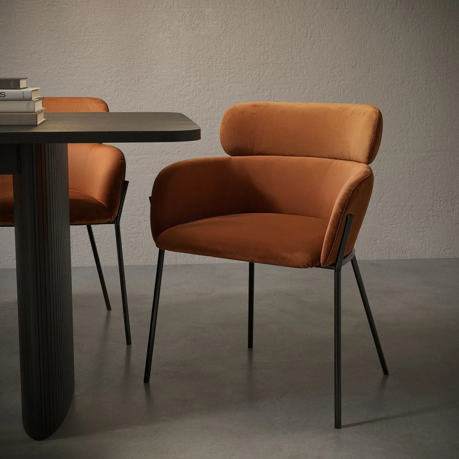Set of 4 Curved Dining Chairs - Orange, Velvet