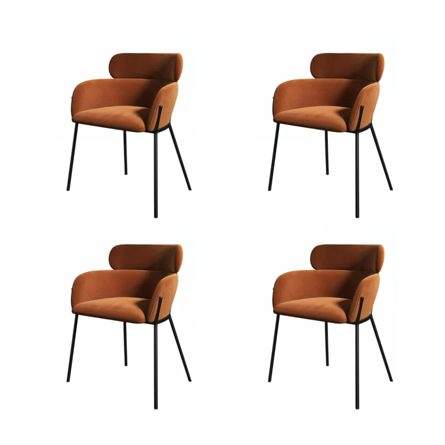 Set of 4 Curved Dining Chairs - Orange, Velvet