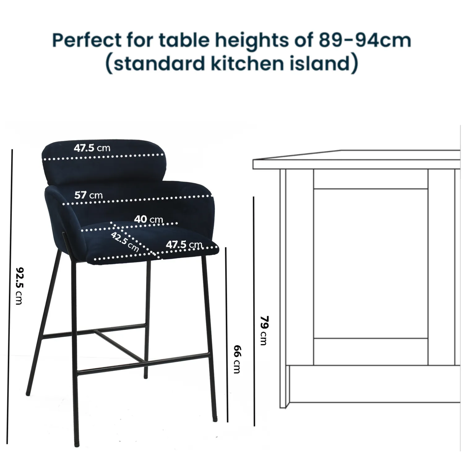 Set of 4 Curved Kitchen Stools - Navy, Velvet