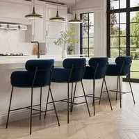 Set of 4 Curved Kitchen Stools - Navy, Velvet
