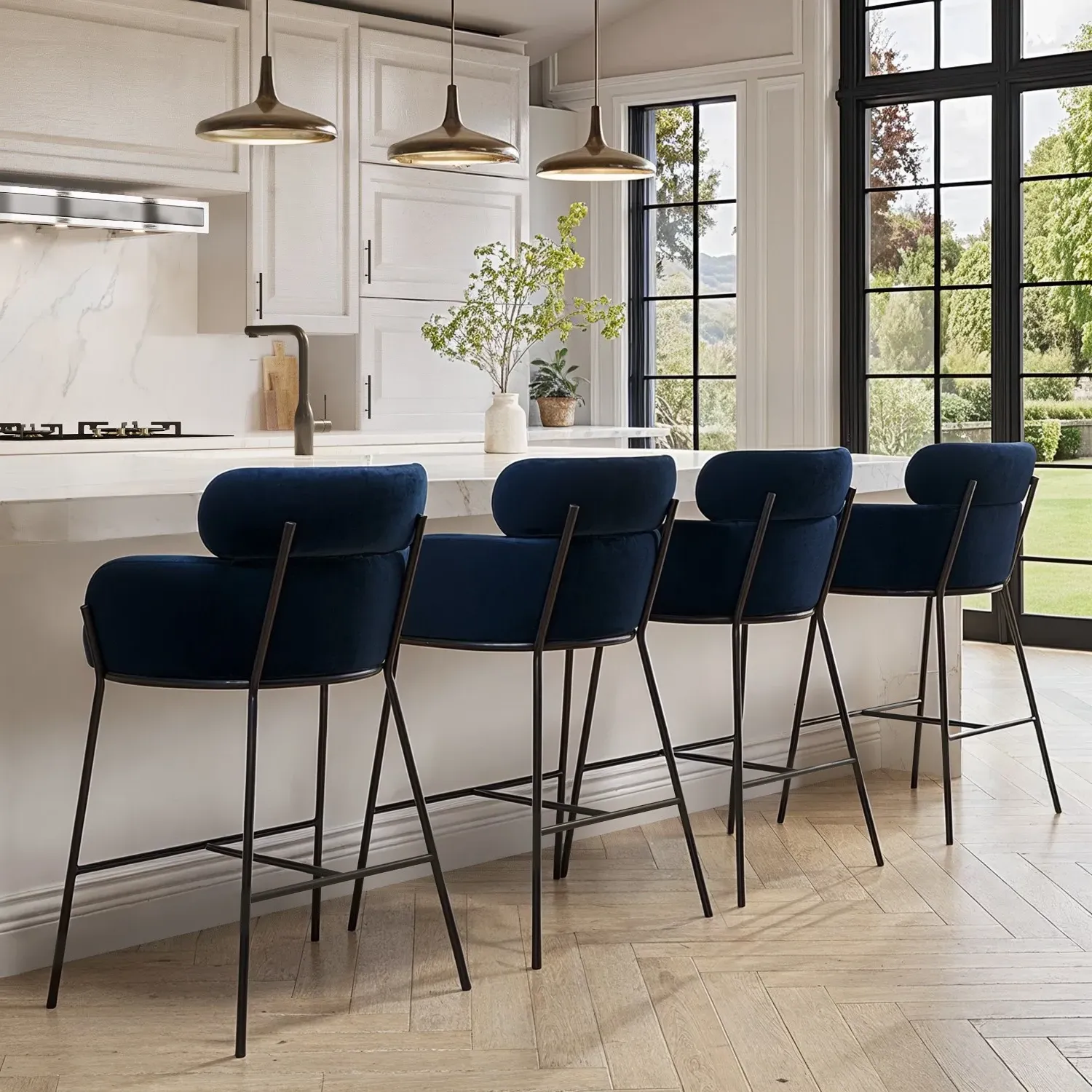 Set of 4 Curved Kitchen Stools - Navy, Velvet