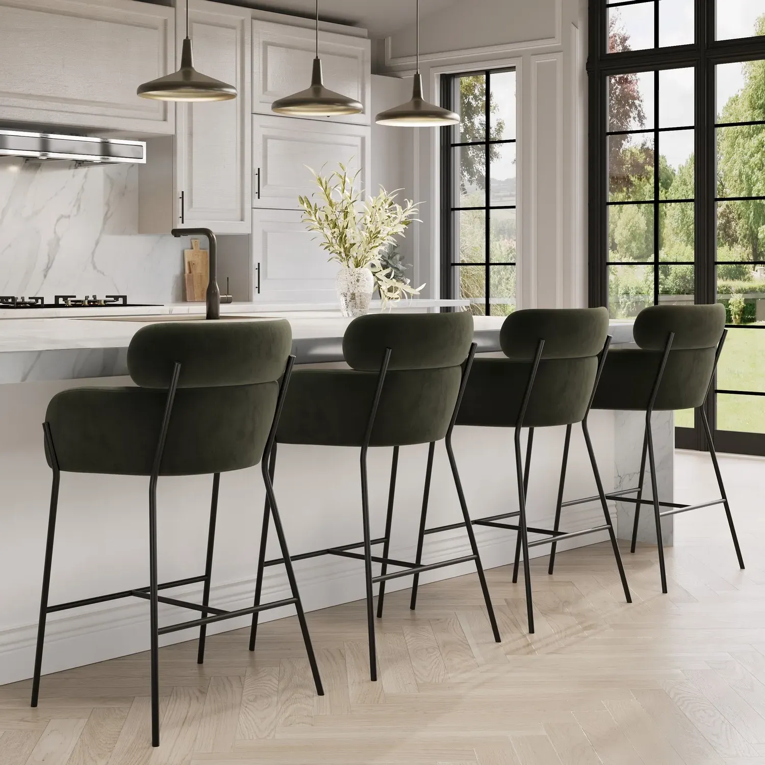 Set of 4 Curved Kitchen Stools with Back - Green
