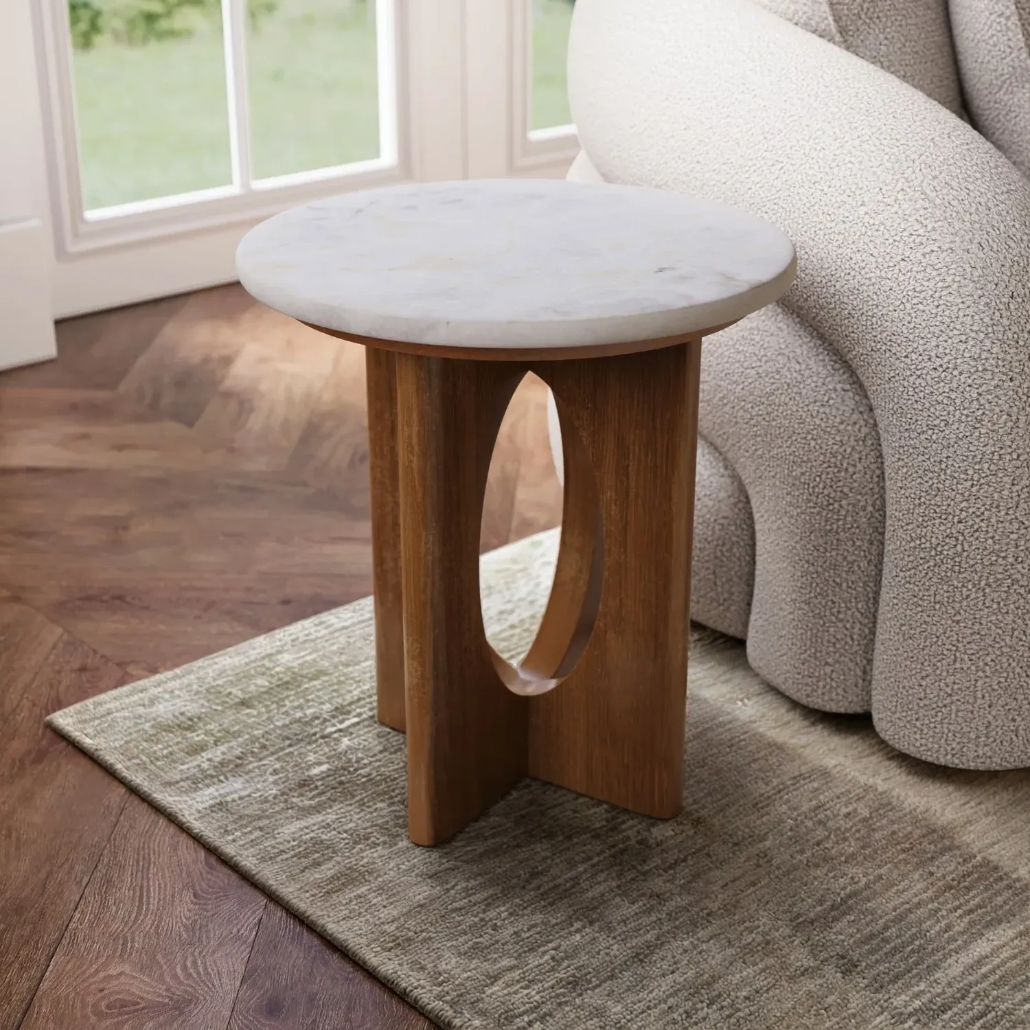 Round Side Table with Marble Top - Brown, Wood image