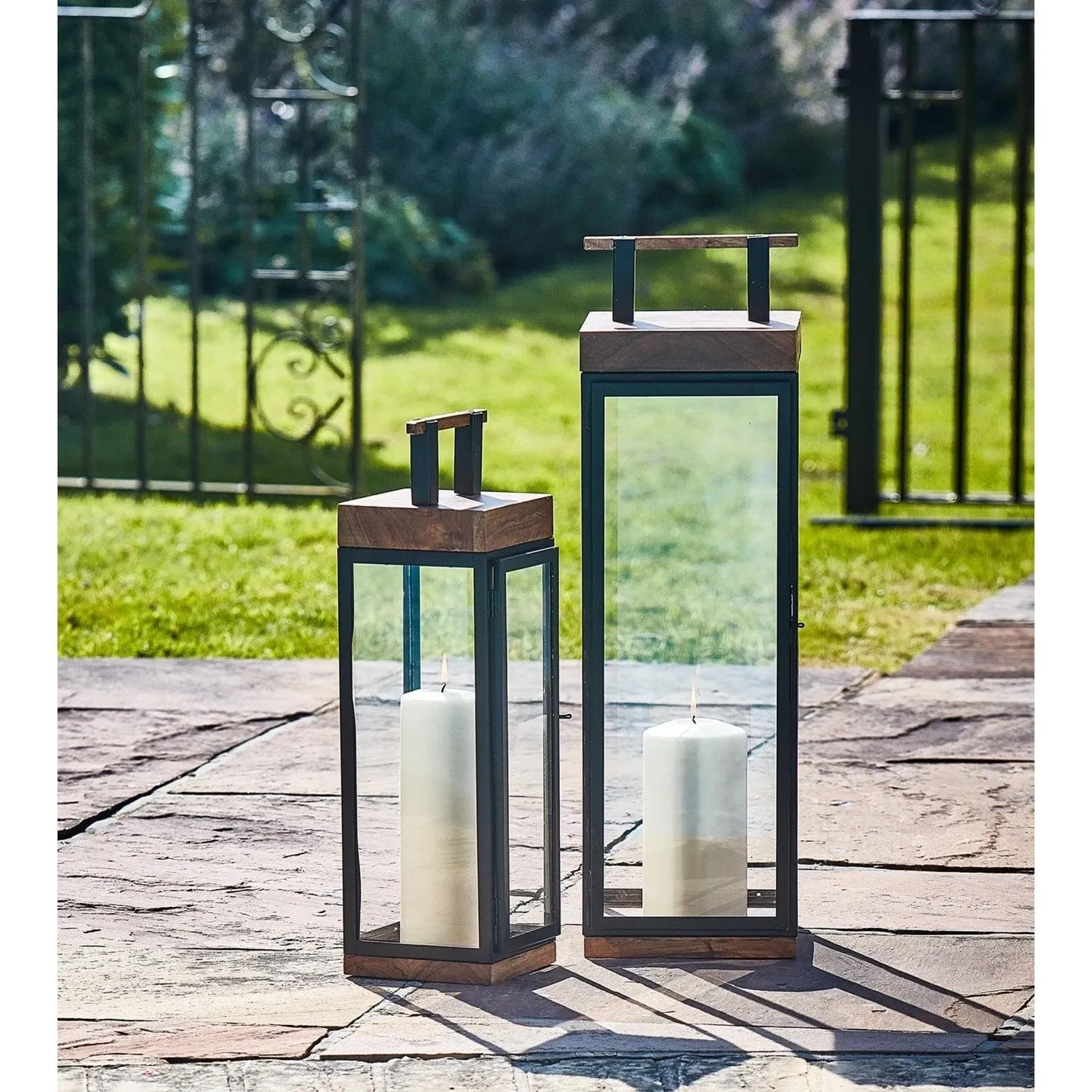 Large Tall Lantern - Black, Acacia Wood
