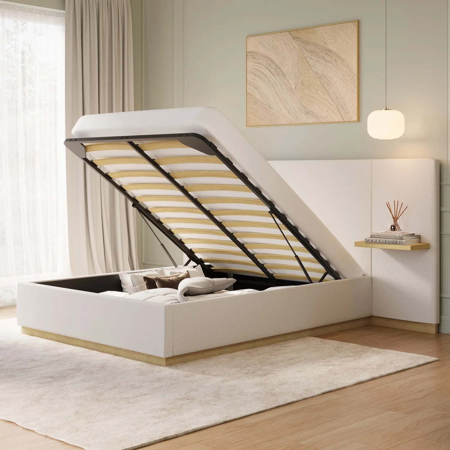 Double Ottoman Bed with Storage - Cream, Fabric