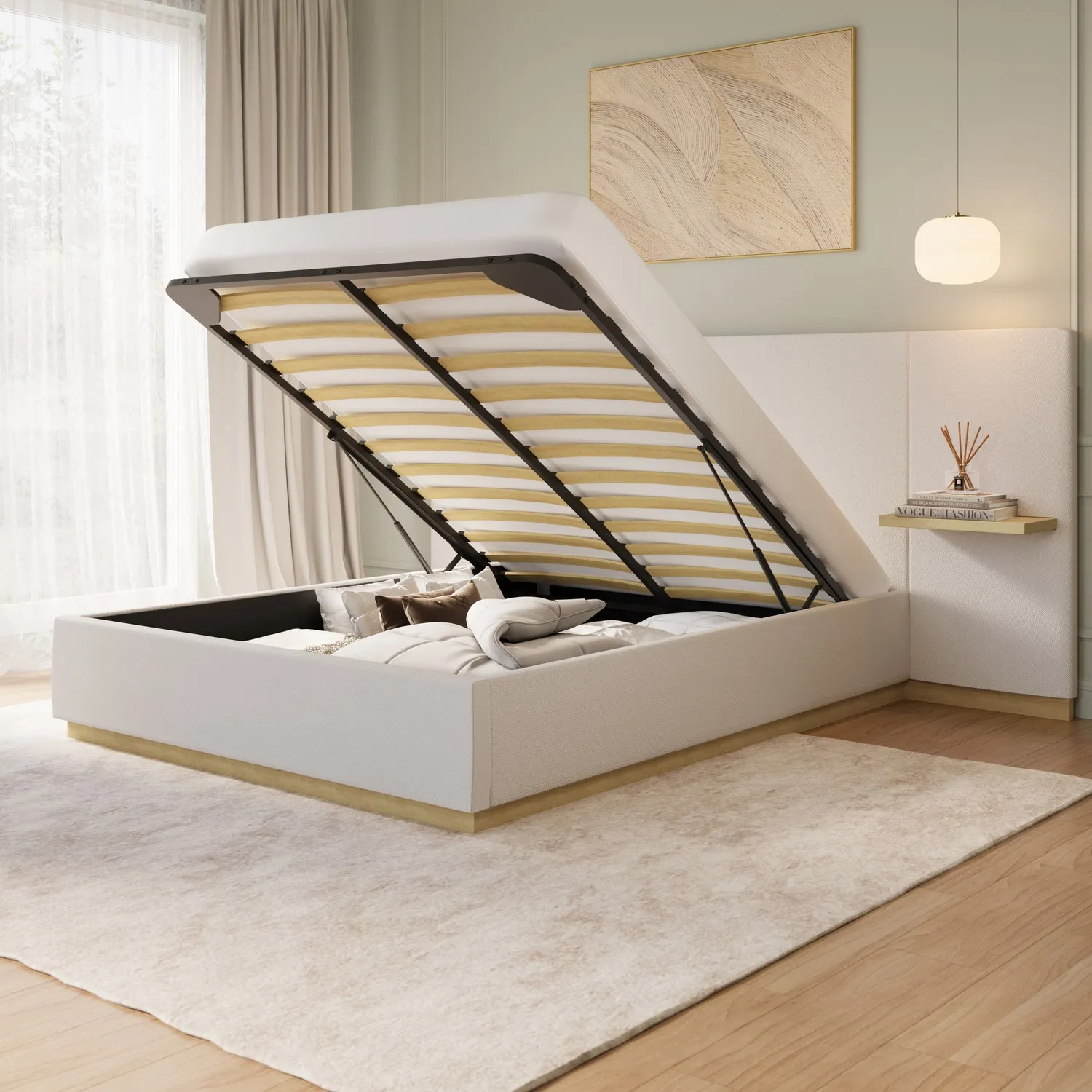King Size Ottoman Bed with Storage - Cream, Fabric