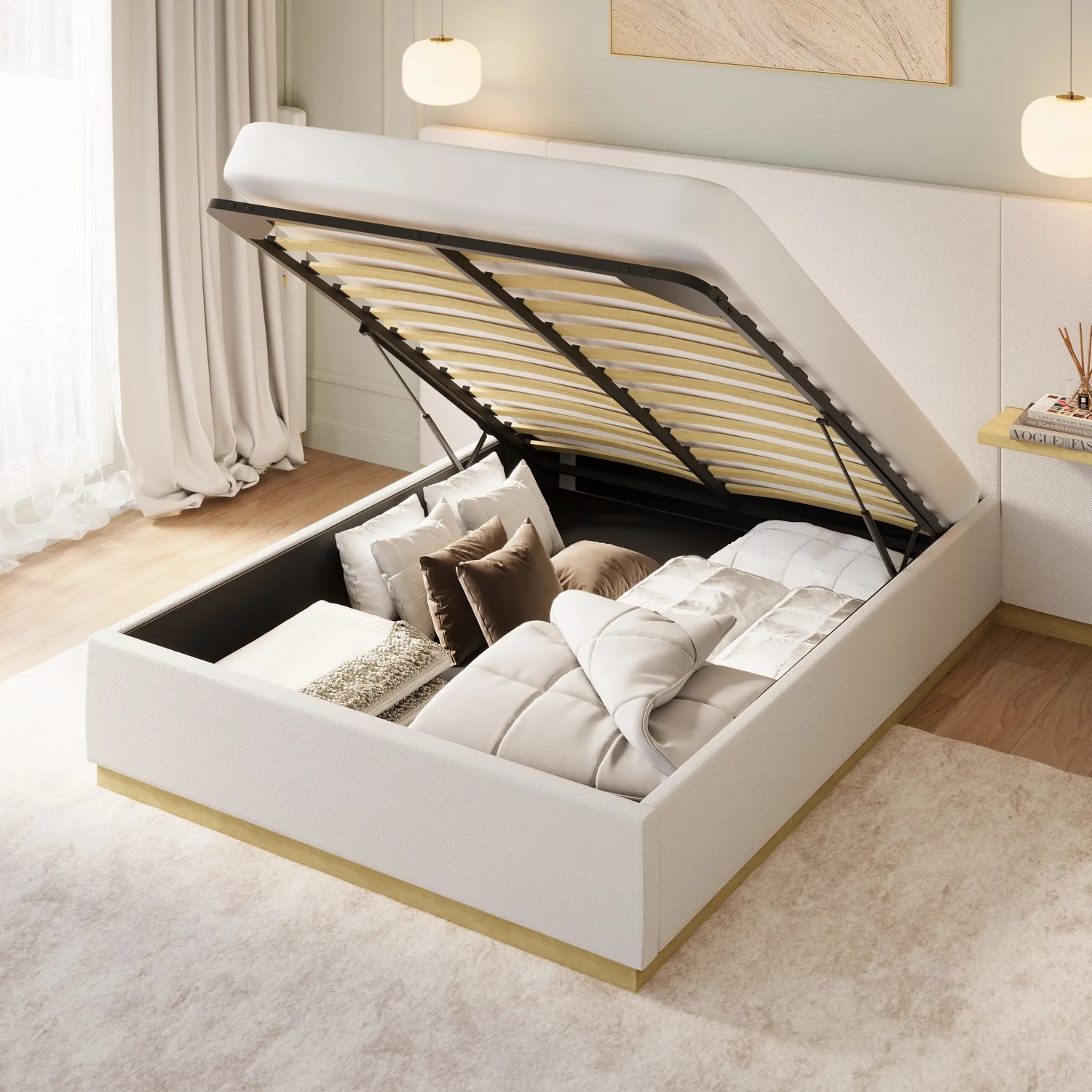 King Size Ottoman Bed with Storage - Cream, Fabric