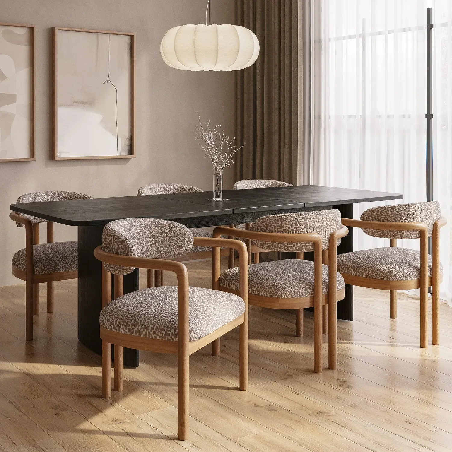 Extendable Dining Set with 6 Chairs - Black Oak, Fabric image