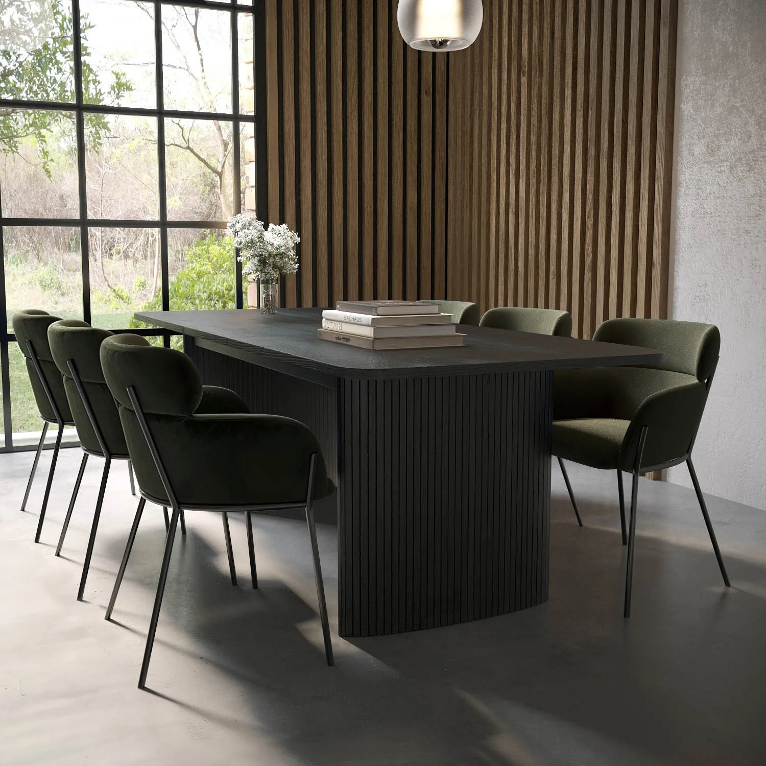 Extendable Dining Set with 6 Chairs - Black Oak, Velvet
