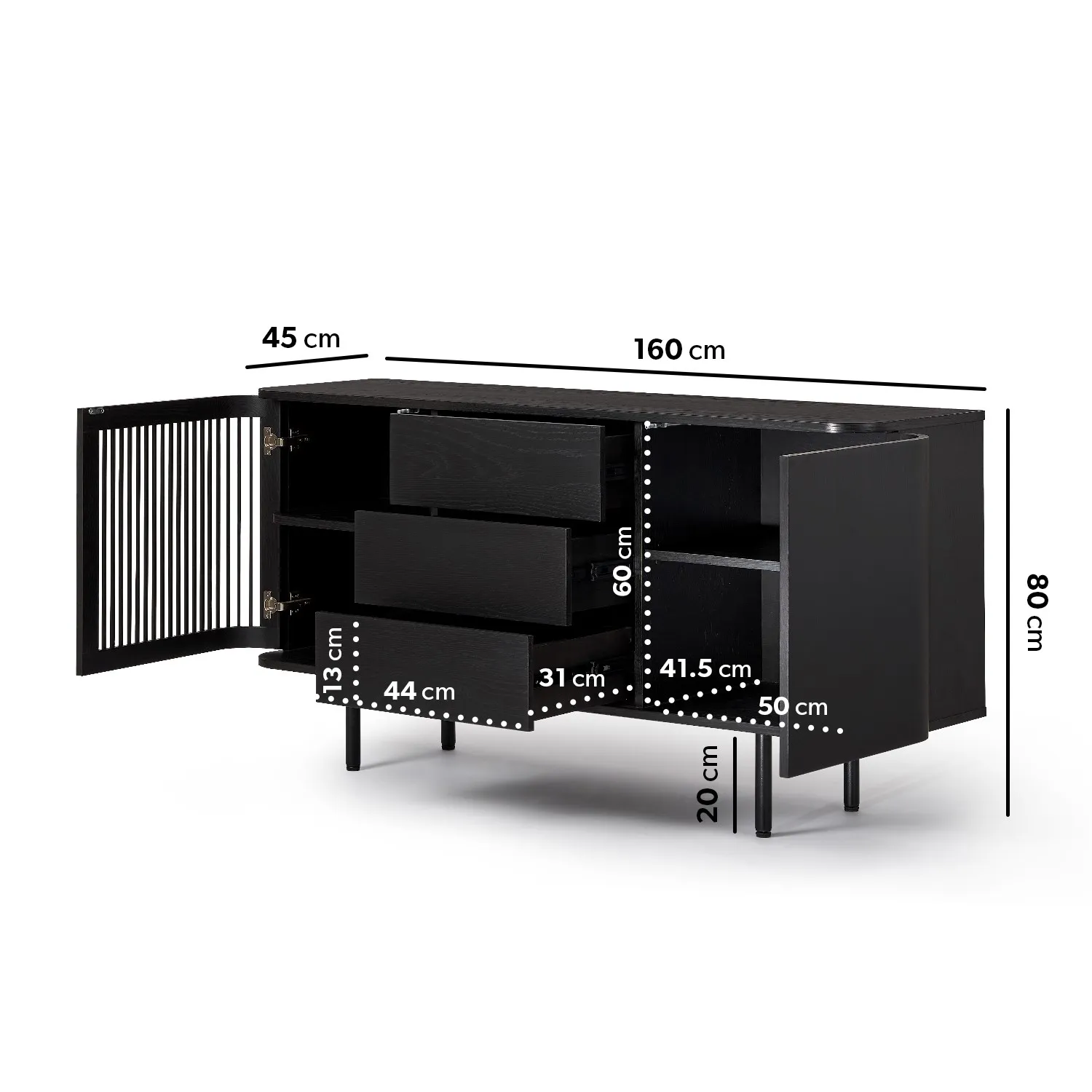 Large Curved Sideboard with Drawers - Black, Oak